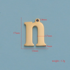 Polished gold stainless steel letter n pendant with size 17mm and weight 1.3g dimensions