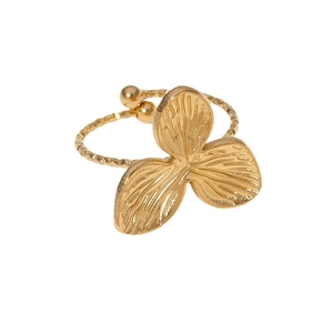 Elegant gold leaf stainless steel open ring with detailed vein texture for women