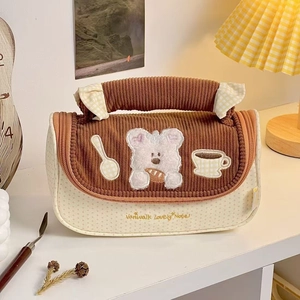 Cute strawberry roll corduroy storage bag with bear embroidery and handle