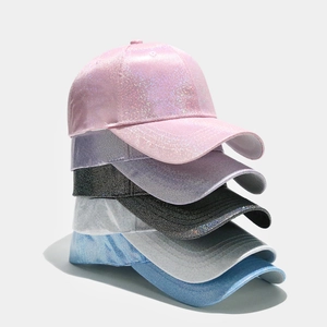 Detailed close-up of colorful glittering PU leather baseball caps in five vibrant shades