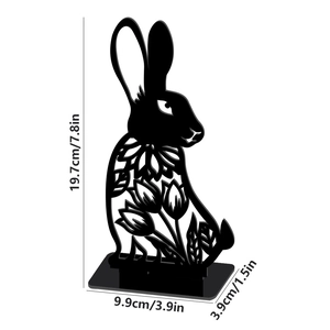 Detailed dimension guide for black acrylic Easter rabbit ornament with floral cutouts