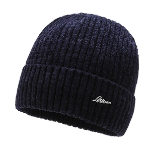 Navy blue men's knitted beanie hat with white Lettuec embroidery for winter