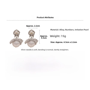 Detailed view of rhinestone mesh earrings with large imitation pearls and S925 silver needles