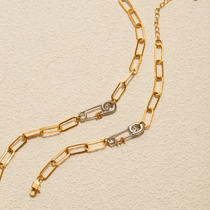 Two-tone 18K gold and silver stainless steel paperclip chain necklace with safety pin clasp