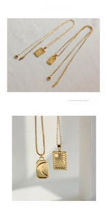 Detail of 18K gold plated celestial necklaces with sun and moon square pendants