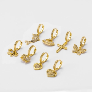 Golden micro-p镶 zircon earring set with dolphin, heart, butterfly, and cross designs