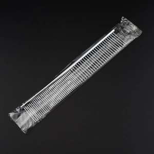 Silver stainless steel pet grooming comb with dual-sided teeth on a black background