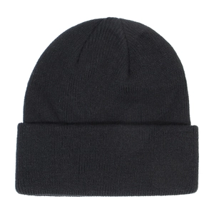 Close-up view of a classic black knitted beanie hat for winter outdoor sports and warmth