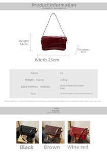 Detailed size chart and multi-color options for the glossy PU leather shoulder bag