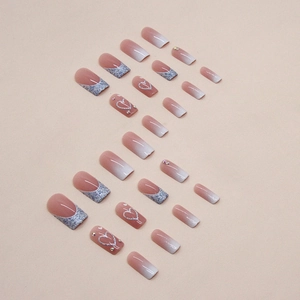 Sparkly heart square press-on nails with white gradient and silver french tip design