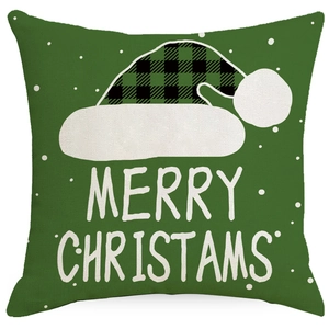 Christmas pillow cover in forest green linen with buffalo plaid hat and snow pattern