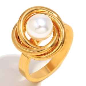 Bague enveloppante en acier inoxydable plaqué or 18K avec une perle blanche brillante