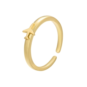 Detail of 18k gold plated open ring featuring a minimalist 3D airplane design on band