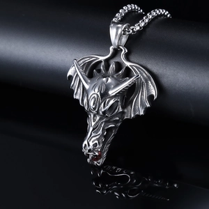 Vintage silver dragon head necklace with red stone and stainless steel bead chain