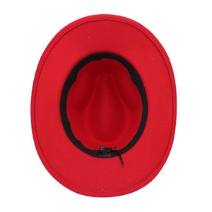 Detail view of red wool fedora interior featuring black sweatband and care label