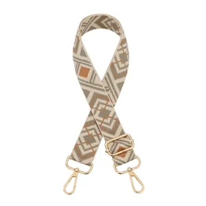 Detail of geometric jacquard bag strap with grey and orange patterns and gold metal buckles