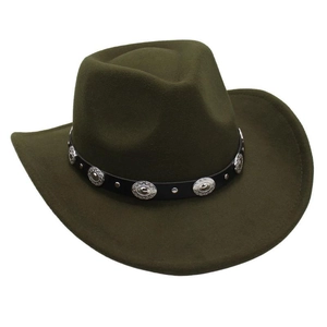 Detail of olive green wool felt cowboy hat with black leather belt and silver metal studs