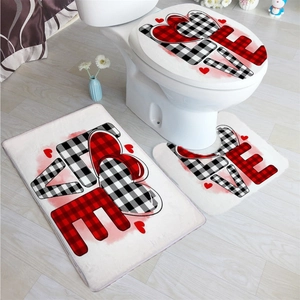 Three-piece bathroom rug set featuring LOVE letters and red hearts on a white background