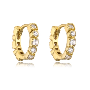 Close-up of 18K gold plated hoop earrings with micro-set zircon and textured edges