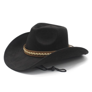 Classic black faux suede cowboy hat with brown braided band and adjustable chin strap