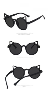 Black cat ear kids sunglasses showing side, front and back views on white background