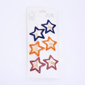 Set of 6 large star-shaped metal hair clips in navy blue, orange, and magenta colors