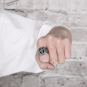 Vintage stainless steel cross ring for men with retro black and silver punk finish