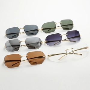 Fashion rimless geometric sunglasses with gold metal temples in multiple colors