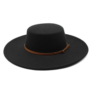 Flat Top Fedora Hat Wide Brim Cotton Polyester Blend Felt With Leather Belt Buckle Vintage British Style Unisex