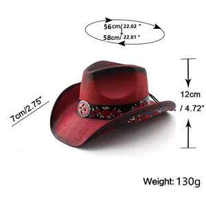 Size chart showing head circumference and brim width of the red-black straw cowboy hat