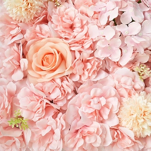 Detailed view of pink silk rose and hydrangea flower wall panel for wedding decor