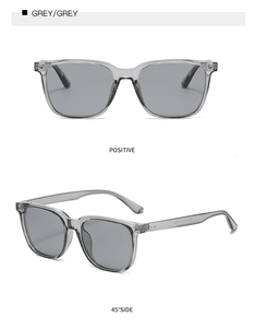 Front and 45-degree side view of transparent grey square frame polarized sunglasses