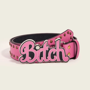 Pink punk style leather belt featuring metal studs and a bold pink Bitch letter buckle