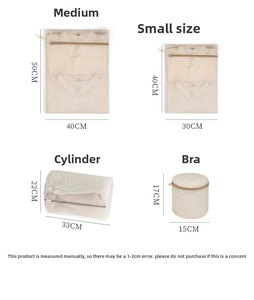 Size chart showing medium, small, cylindrical and bra mesh laundry bags with dimensions