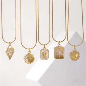 Pendant Necklace Gold Plated Stainless Steel Snake Bone Chain With Zircon Letter M Star Moon Heart Bee For Women