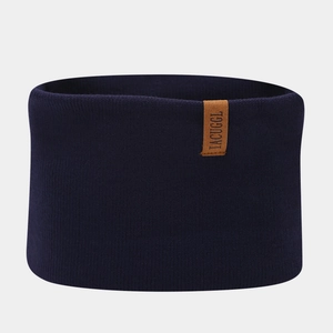 Detail of navy knit neck warmer with premium brown leather logo patch decoration