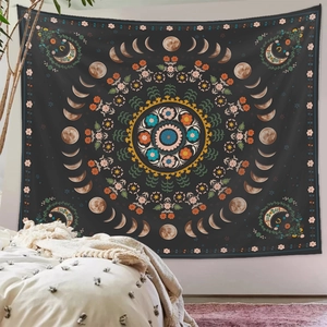 Bohemian mandala tapestry with moon phases and floral patterns for wall decoration
