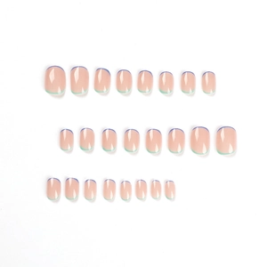 Short round press on nails with blue and mint green French tips and glossy pink base