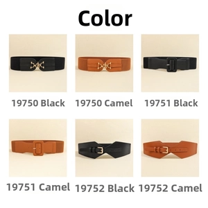 Elastic wide belts for women in black and camel colors with geometric buckles