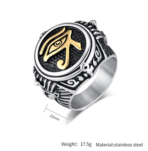 Macro detail of Eye of Horus ring showing 22mm width and stainless steel texture