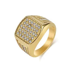 Men's Square Signet Ring Hip Hop Full Diamond Pavé Stainless Steel Polished 18K Gold Plated Jewelry Accessory