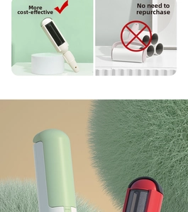 Detail of reusable pet hair remover brush featuring a push button and double-sided design