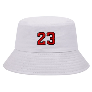 White canvas bucket hat featuring red embroidered number 23 with durable stitched brim