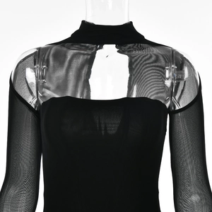 Detailed view of black mesh patchwork long sleeve top with sheer net fabric and high neck