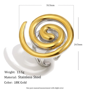 Minimalist spiral open ring in 18K gold and silver two-tone stainless steel with dimensions