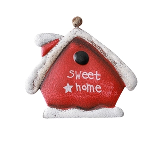 Nordic red metal house ornament with 'Sweet home' text and snow details for Christmas tree