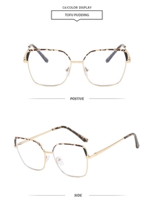 Front and side view of cat-eye metal glasses frames with leopard print detail