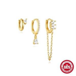 S925 Sterling Silver earring set with petal tassels and white zircon in gold finish