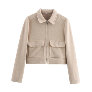 Veste en tweed pour femme couleur avoine avec col à revers et poches avant zippées
