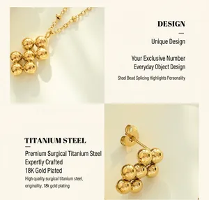 Detail of 18K gold plated titanium steel bead necklace and earring set with geometric design